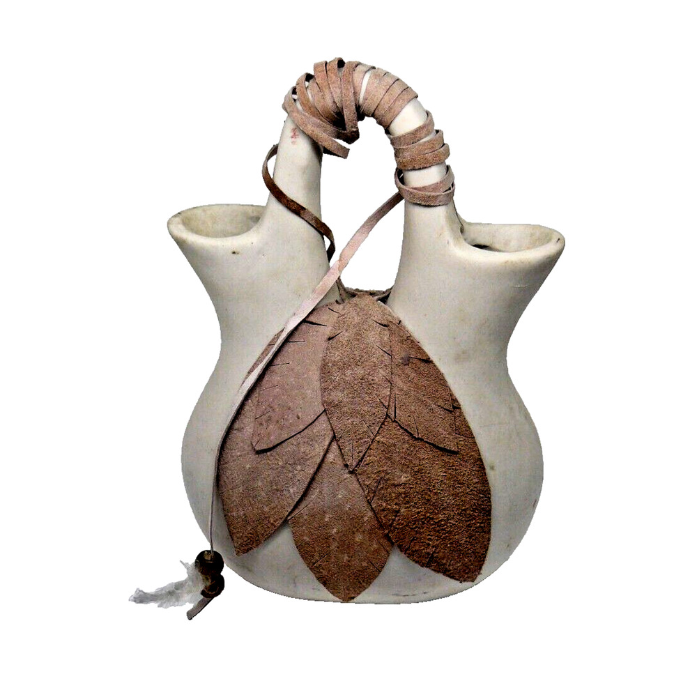 Lt Gray Pottery Wedding Vase Leather Feathers Beads Native American Navajo Style